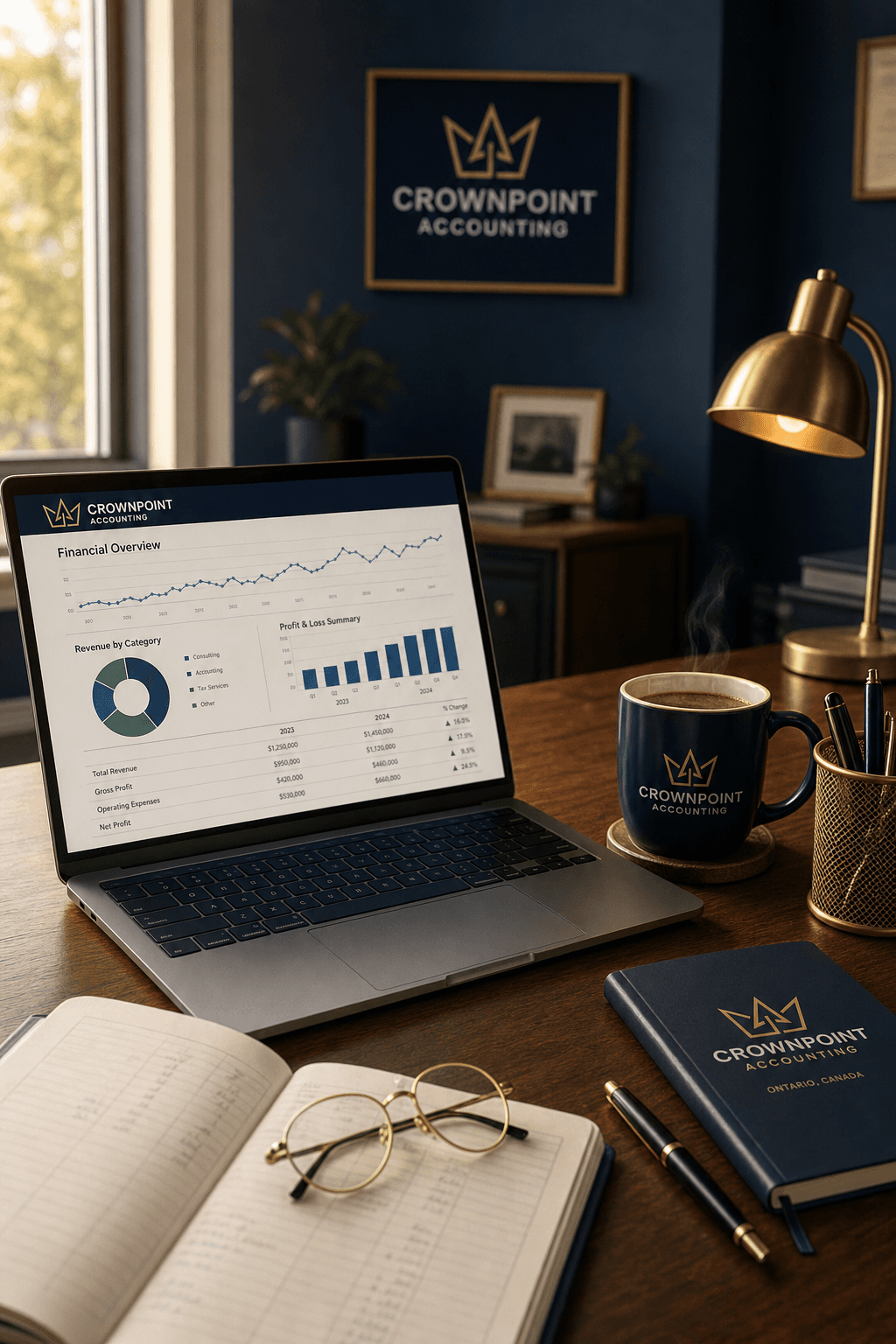 A calm morning accounting workspace with laptop, coffee, glasses, and ledger bathed in warm natural light with navy and gold accents.