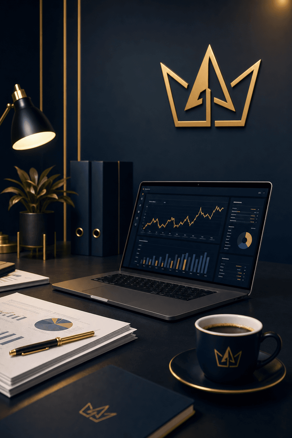 Professional accounting desk setup with financial charts, navy and gold color scheme for Crownpoint Accounting social media post