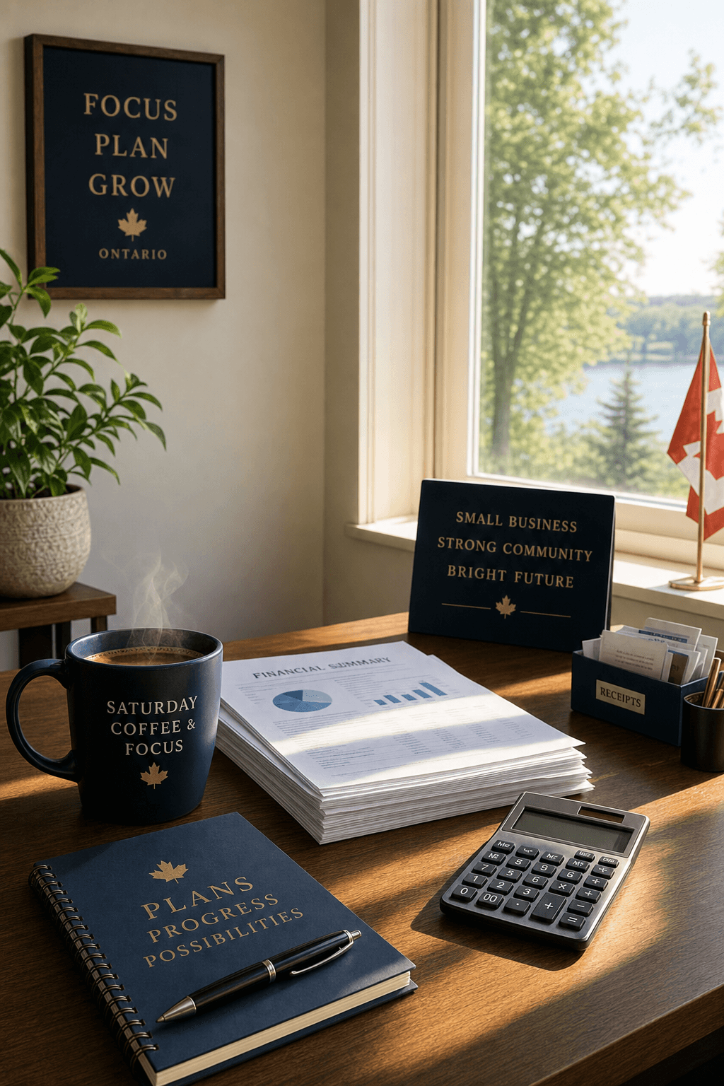 Warm Saturday morning scene of a tidy desk with sunlight, coffee, financial papers, and a plant — evoking calm and financial clarity.