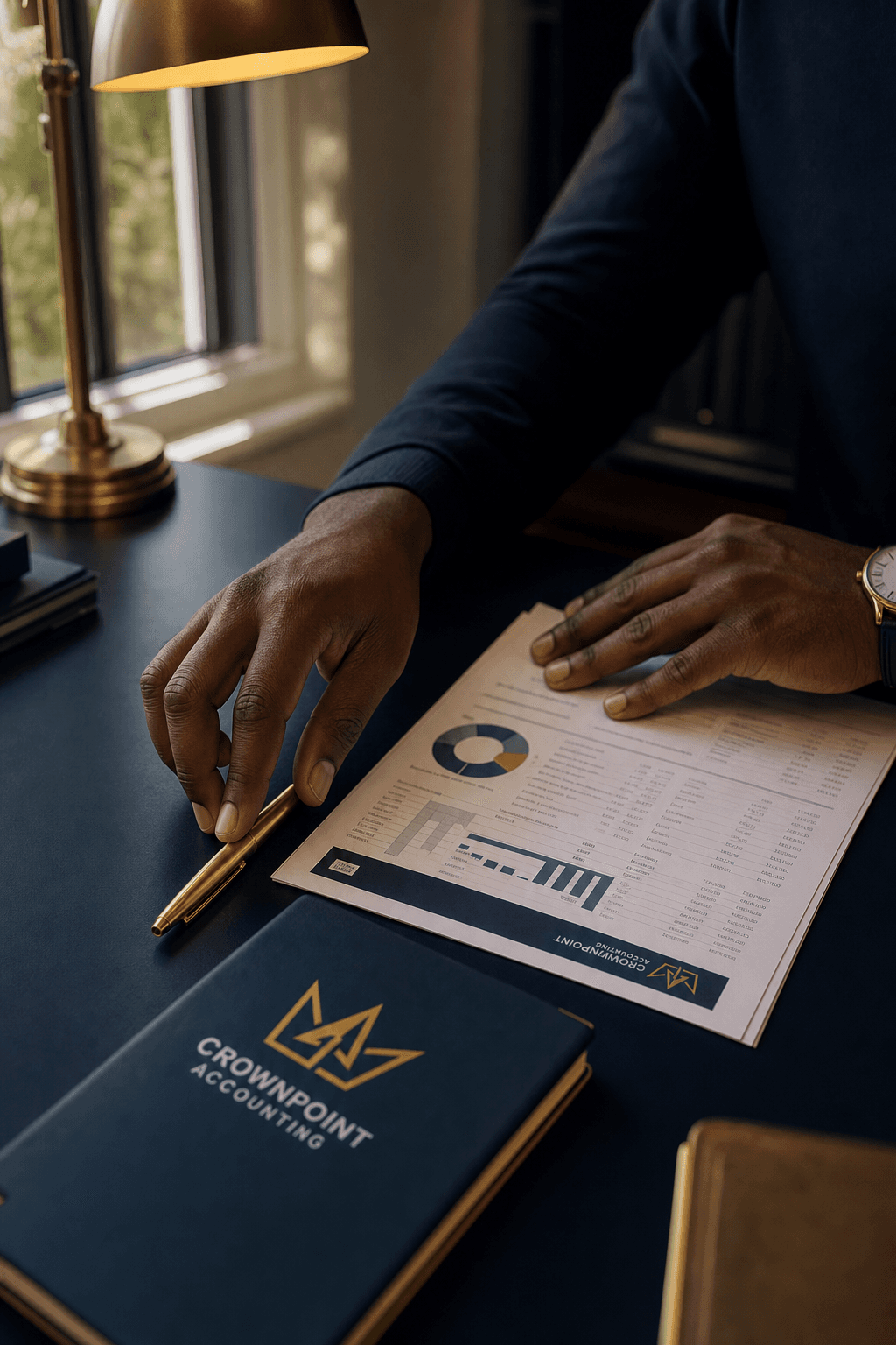 Close-up of Black male hands placing a gold pen on a financial report on a dark navy desk, warm brass lamp glowing softly, conveying the calm satisfaction of organized books