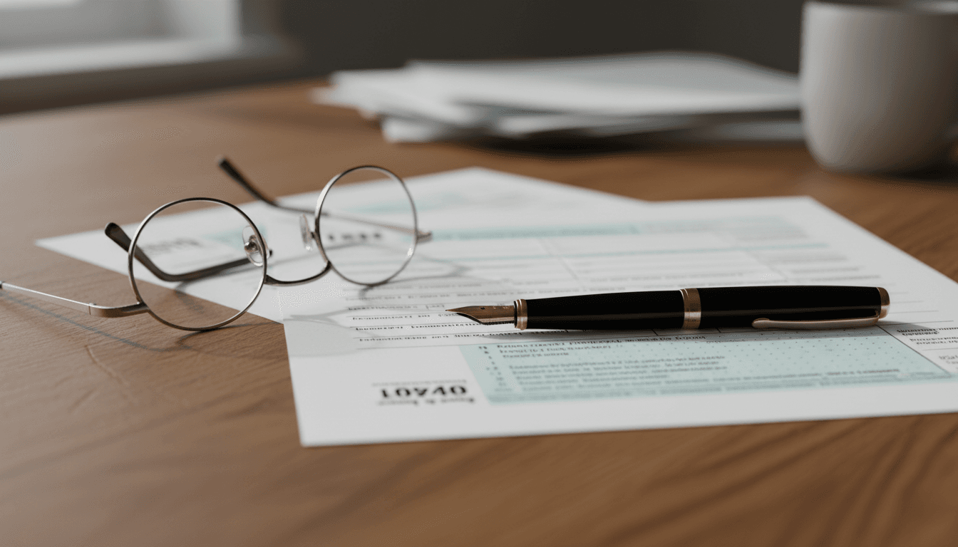 Close up of tax form with pen and glasses