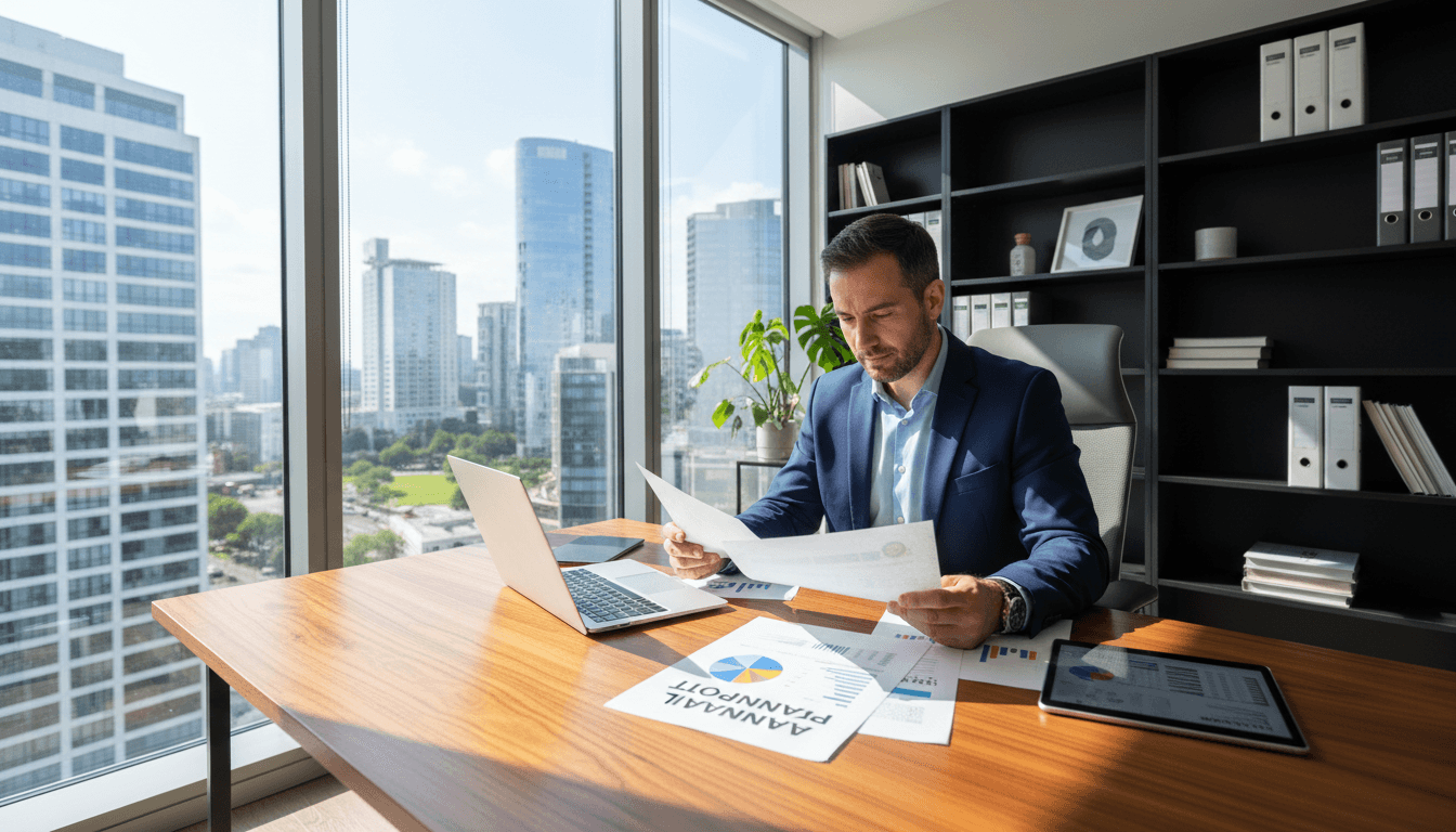 Professional accountant reviewing financial documents in a modern office with natural light