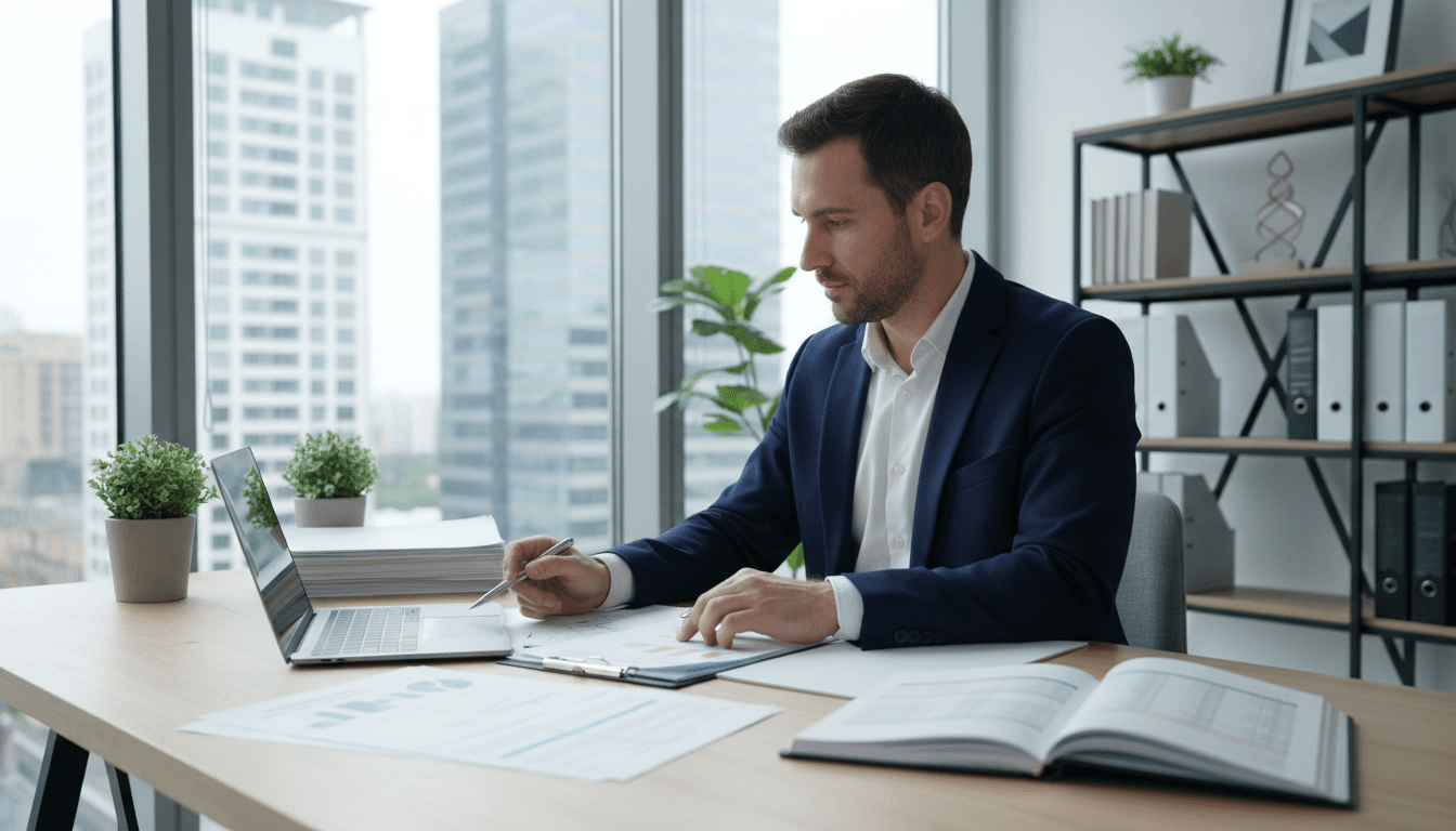 Professional accountant reviewing financial documents at clean modern desk with laptop and papers