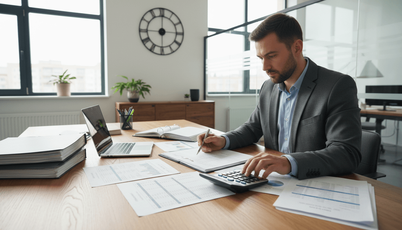 Accountant reviewing financial documents with calculator on desk
