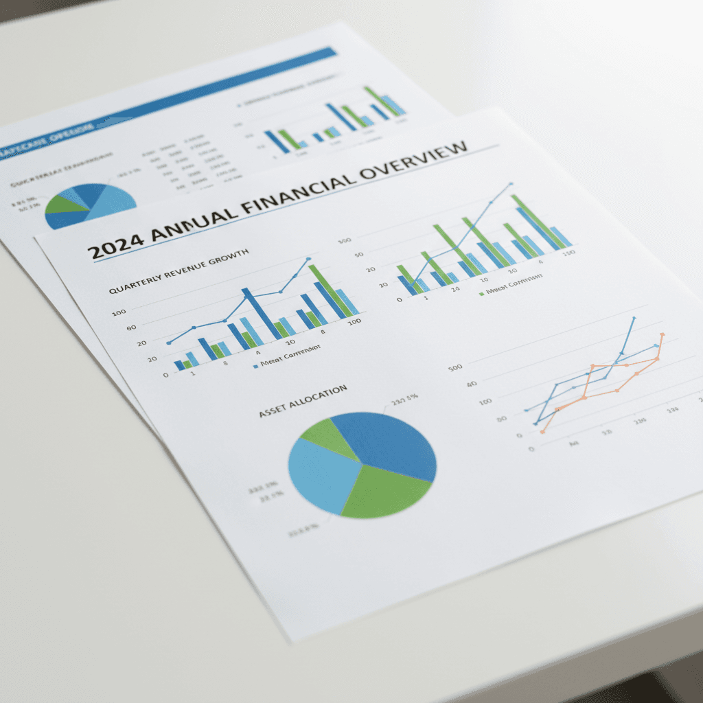 Printed financial report with charts