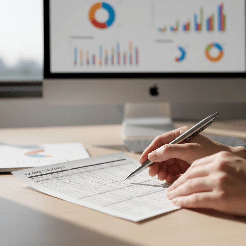 Professional accountant reviewing documents in a modern office