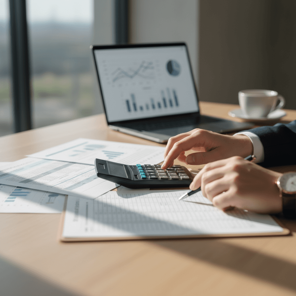 Professional accountant reviewing financial documents at modern desk