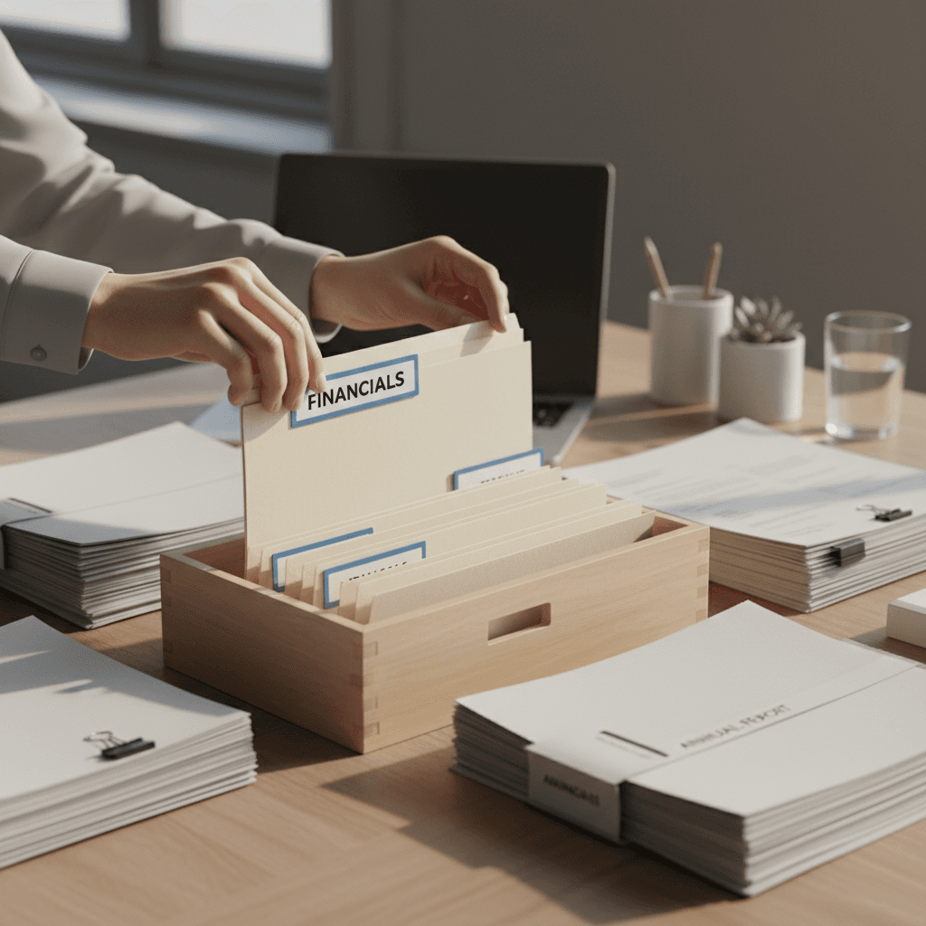 Close-up of hands organizing and filing important documents into labeled folders on a tidy desk with natural light