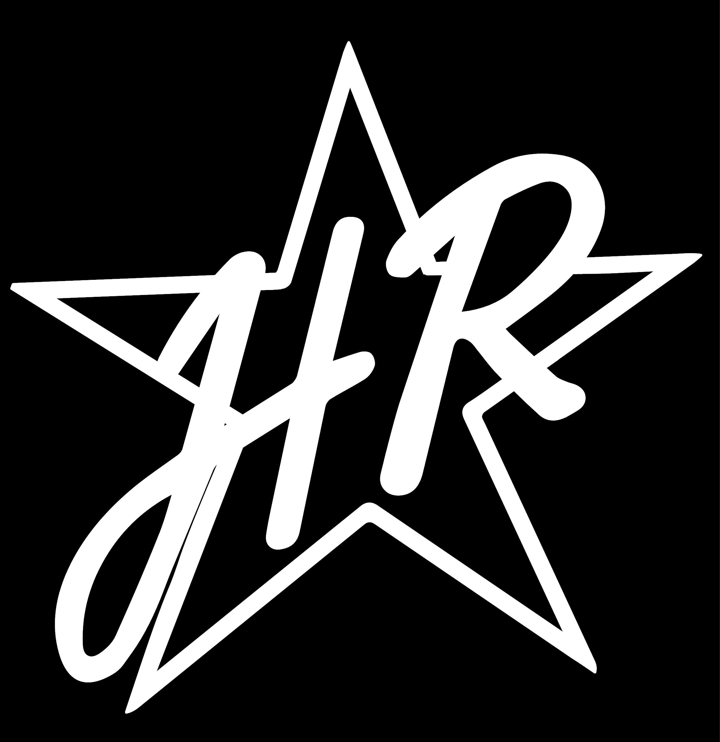 White outlined five-pointed star featuring stylized cursive letters HR on a black background.