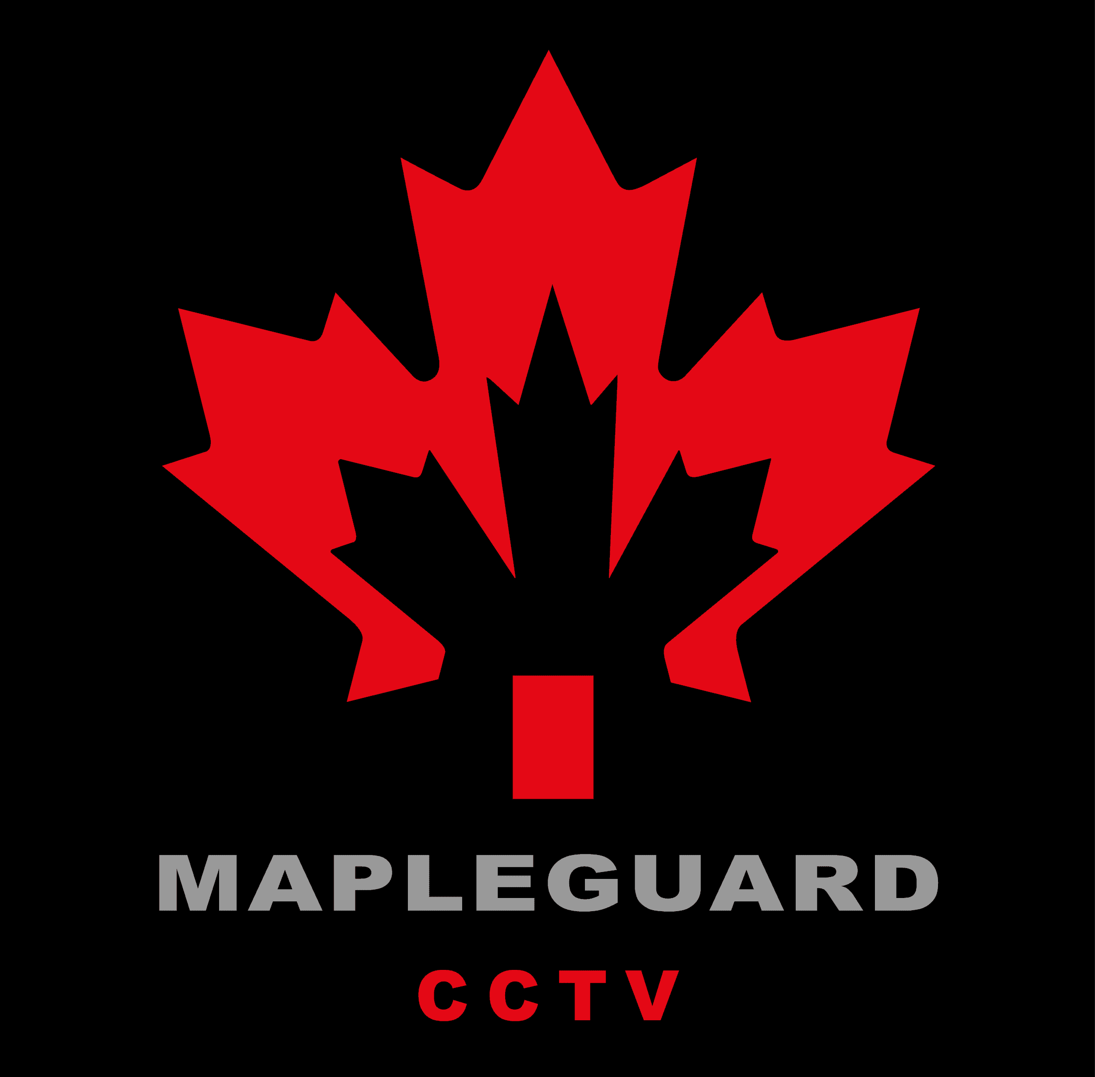 Red maple leaf with black leaf cutout above grey Mapleguard and red CCTV text.