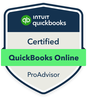 Intuit QuickBooks Certified QuickBooks Online ProAdvisor badge with a shield shape and green banner.